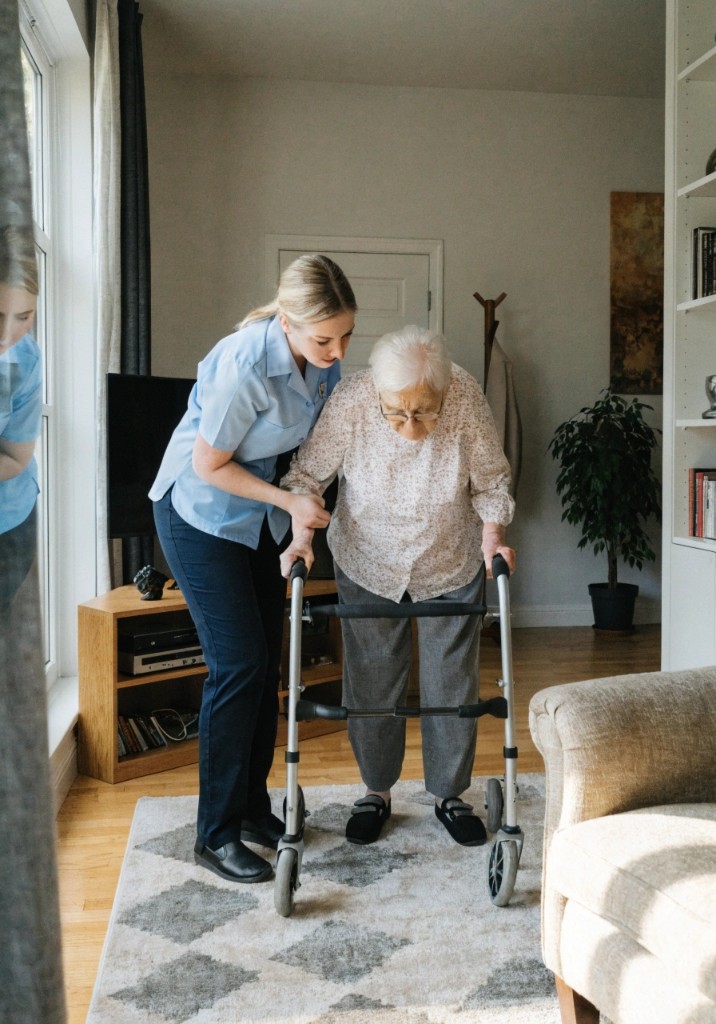 Carer supporting an elderly client with a walking frame at home