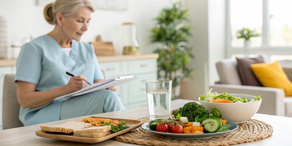 A calm, bright home scene showing a middle-aged caregiver prioritizing her health