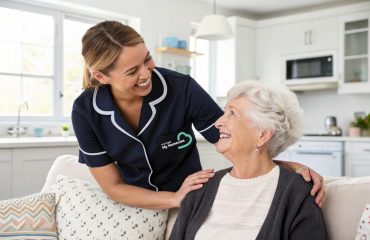 Caregiver in My Homecare uniform smiling warmly at an elderly woman in a bright, modern kitchen setting.