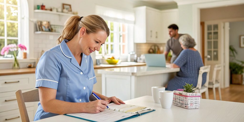 professional home setting with a caregiver sitting at a kitchen table in