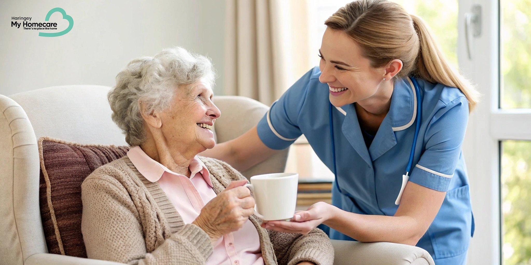  Caregiver offering a drink to elderly woman