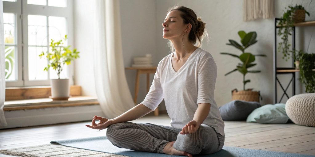 Women Practising deep breathing or mindfulness exercises