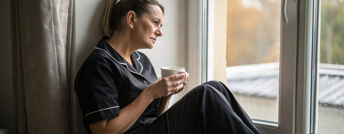 tired caregiver with a cup of tea
