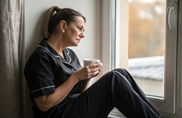 tired caregiver with a cup of tea