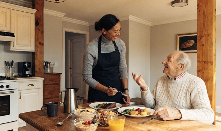 Professional caregiver assisting an elderly person with a nutritious meal
