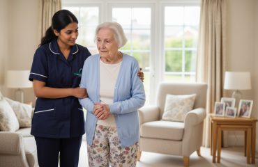 young caregiver in uniform help seniour with demetia